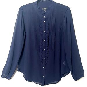NWT J. Crew Women's Navy Semi Sheer Ruffle Front Blouse Romantic Size Large